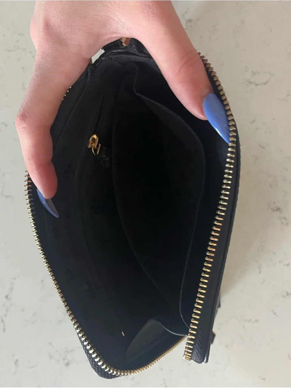 Tory Burch Black Pebbled Leather Zip Wristlet with Gold Hardware